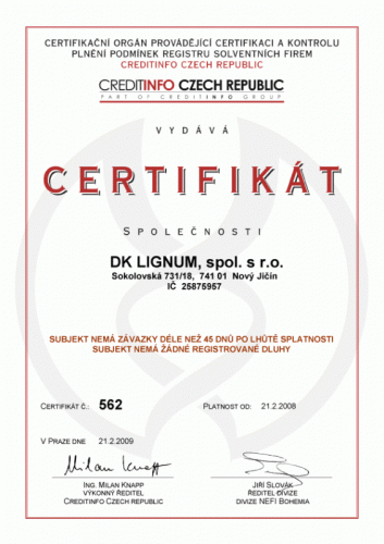 Certifikát solvetní firmy 2009