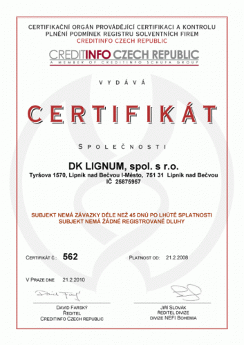 Certifikát solvetní firmy 2010